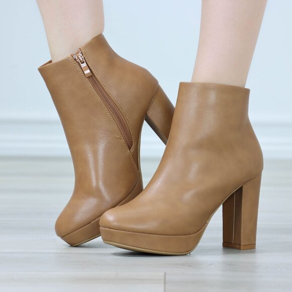 Shoes - Womens Platform High Heeled Bootie Zip Up Tan Ankle Boots Block Heel